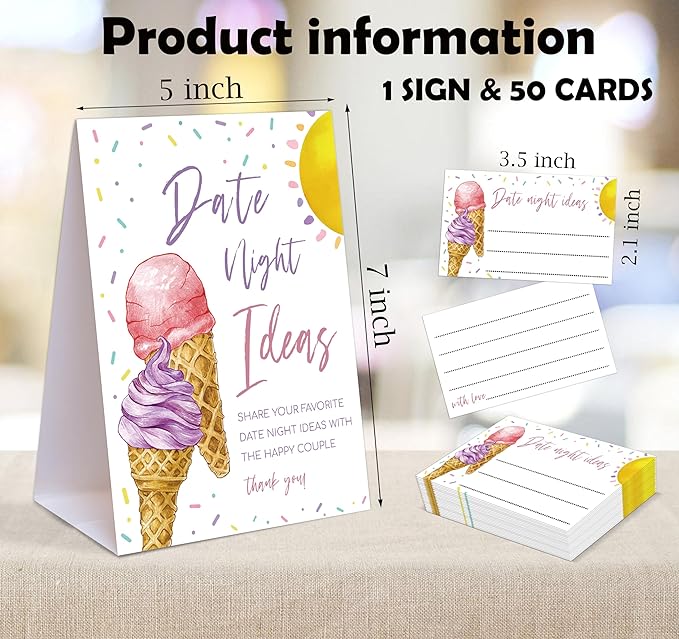Pink & Purple Ice Cream Themed Share Your Date Night Ideas Game, 1 Tabletop Sign and 50 Cards, Bridal Shower Games 50 Guests, Wedding Shower Games for Engagement Wedding Event & Party Supplies