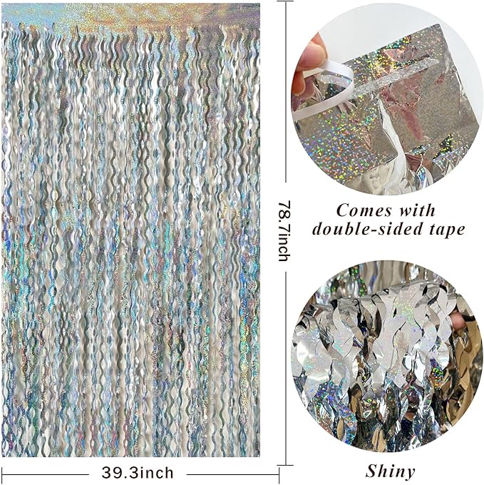 Tinsel Foil Fringe Curtains Wavy Backdrop for Parties Sparkle Metallic Wavy Foil Fringe Backdrop Curtain for Party Decorations Photo Booth Props for Birthday Graduation Wedding