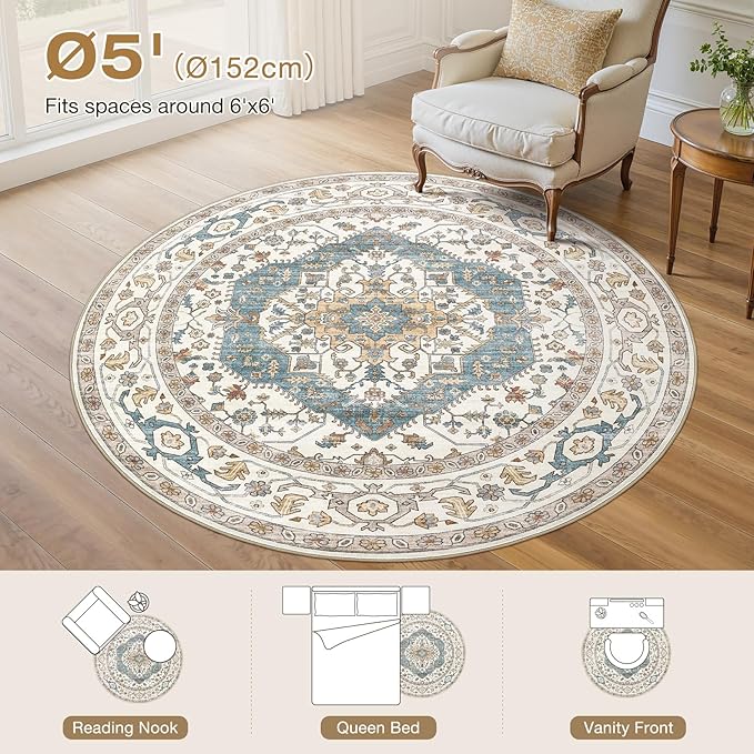 Area Rug for Living Room - 5x5 Soft Washable Oriental Vintage Floral Distressed Large Carpet - Fade Stain Resistant Non Slip Rugs for Bedroom Dining Room Nursery Dorm Office Home Decor - Blue/Beige