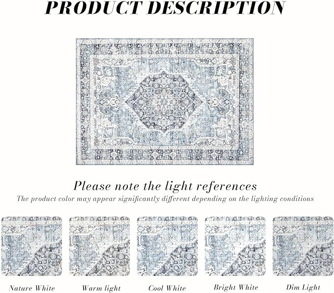 Area Rug 9×12, Large Vintage Boho Rug,Ultra-Soft Low Pile, Washable, Non Slip,Stain Resistant, Printed Carpet for Living Room Bedrooms Playroom Office Kitchen, Light Blue