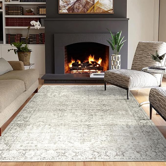 ReaLife Rugs Machine Washable Area Rug - Living Room Bedroom Bathroom Kitchen Entryway Office - Padded Low Pile Stain Resistant Premium - Boho Farmhouse Vintage - Lyle - Beige Ivory 5' x 7'