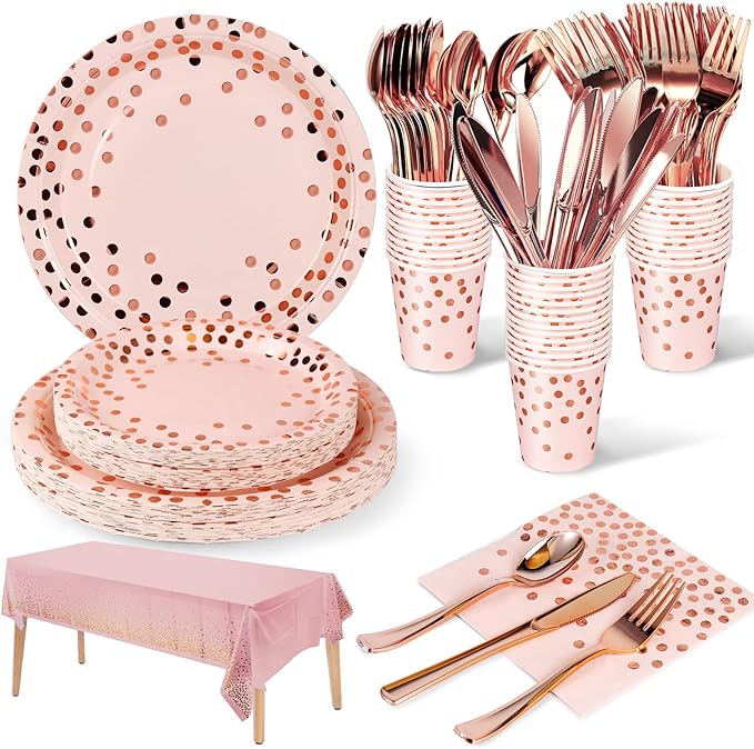 141 Pieces Pink and Rose Gold Party Supplies, Disposable Party Decorations Sets Include Paper Plates Napkins Cups, Plastic Forks Knives Spoons, for Baby Shower Birthday Wedding -20 Guests