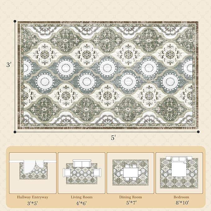 EnHomee Area Rugs 3x5, Soft Washable Rugs for Living Room Bedroom, Boho Non Slip Low Pile Stain Resistant Washable Rug Large Carpet for Dining Room,Easy to Clean Living Room Rug, Green