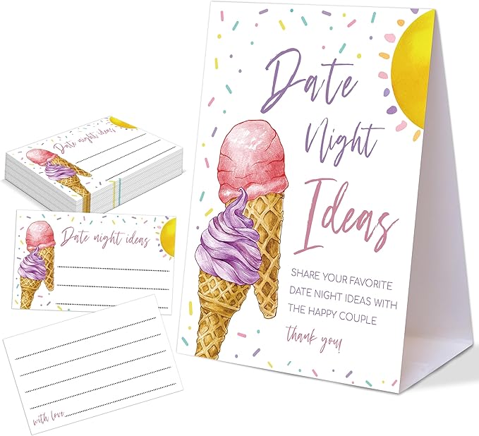Pink & Purple Ice Cream Themed Share Your Date Night Ideas Game, 1 Tabletop Sign and 50 Cards, Bridal Shower Games 50 Guests, Wedding Shower Games for Engagement Wedding Event & Party Supplies