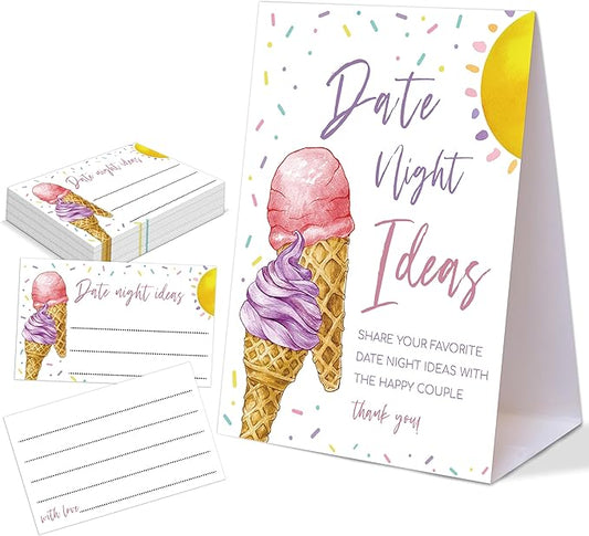 Pink & Purple Ice Cream Themed Share Your Date Night Ideas Game, 1 Tabletop Sign and 50 Cards, Bridal Shower Games 50 Guests, Wedding Shower Games for Engagement Wedding Event & Party Supplies