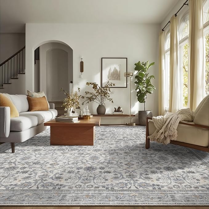 8x10 Washable Area Rugs Ultral Soft Non-Slip Stain Resistant Vintage Boho Large Carpet for High-Traffic Living Room & Dining Room