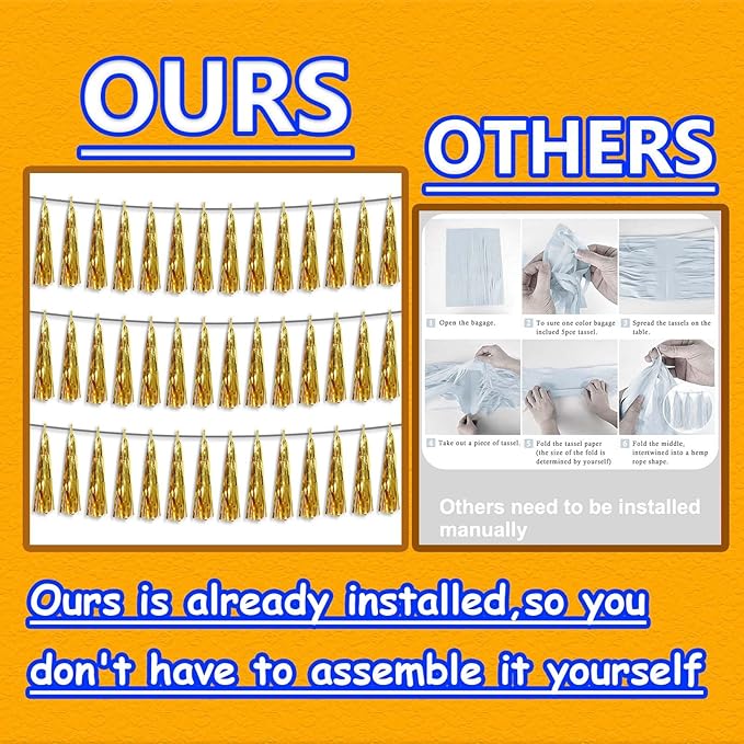 3P Metallic Fringe Tassel Banner Garland Foil Tinsel Streamer Wall Hanging Curtain Backdrop Banner for Parade Floats, Graduation Decorations, Wedding Party Decoration(Gold)