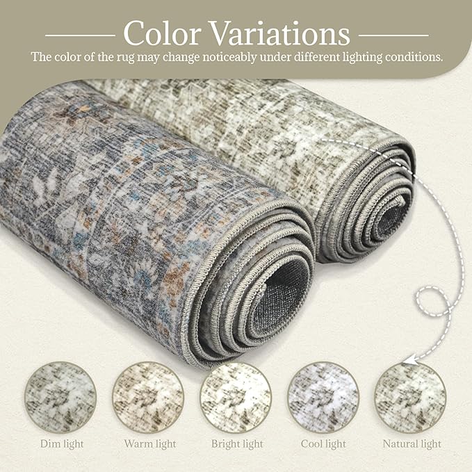 Washable Area Rugs 5'x7' Non-Slip Vintage Boho Distressed Fade Resistant Low Pile Carpet for High-Traffic Living Room, Bedroom & Dining Room