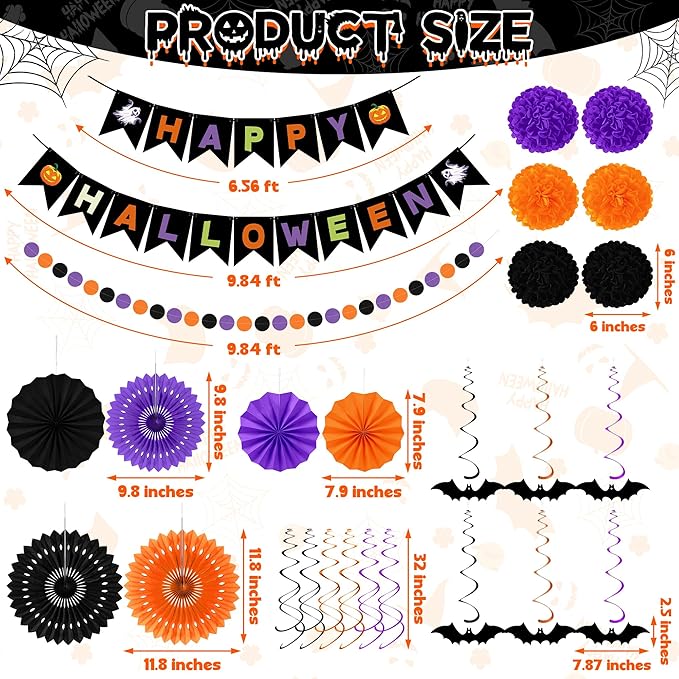 26PCS Halloween Party Decorations, Purple Black Orange Paper Fans Set, Halloween Pompom Banner Garland Fans Hanging Swirls for Trick or Treat Party Decor Accessories Indoor Outdoor Home Decorations