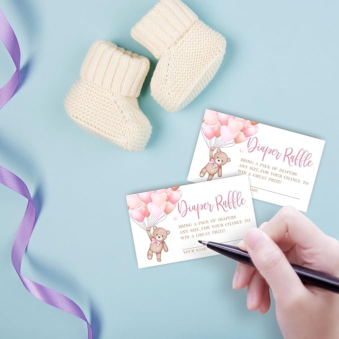 Pink Bear with Balloon Diaper Raffle Game Kit - 50 Tickets & 7x10 Inch Sign with Stand, Gender Neutral Baby Shower Decor, Bear Theme Gender Reveal Party Supplies (B04)