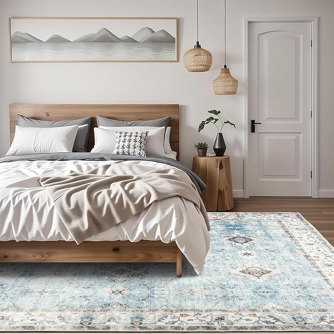 ReaLife Rugs Machine Washable Area Rug Runner - Living Room Bedroom Bathroom Kitchen Entryway Office - Padded Low Pile Stain Resistant Premium - Boho Farmhouse Vintage - BEV - Blue Ivory 3' x 5'