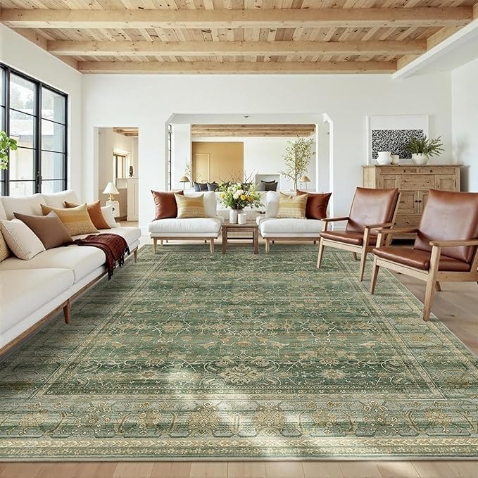 HelloTree Washable Rugs 9x12 Area Rug for Living Room, Vintage Boho Green Rug Non Slip Carpet Retro Accent Indoor Mat Print Distressed Low Pile Throw Large Rug for Office Dining Room Bedside-Green