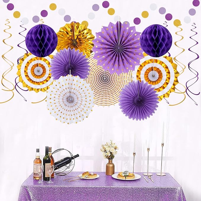 Purple-Gold Graduation Party-Decoration - 33pcs Kits Banner, Streamers Tassel Garland,Tissue Pom Poms Honeycomb, Paper Lantern Fans,Wedding Girl Birthday Baby Bridal Shower Decor Hugtmr