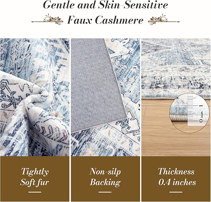 Area Rug 6×9, Large Vintage Boho Rug,Ultra-Soft Low Pile, Washable, Non Slip,Stain Resistant, Printed Carpet for Living Room Bedrooms Playroom Office Kitchen, Light Blue