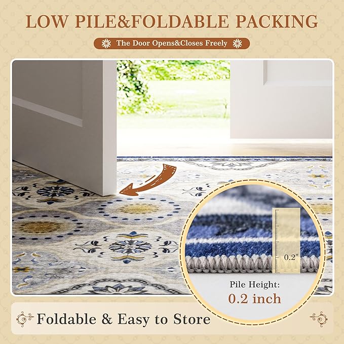 EnHomee 8x10 Area Rug, Soft Washable Rugs for Living Room Bedroom, Boho Non Slip Low Pile Stain Resistant Washable Rug Large Area Rugs for Dining Room,Easy to Clean Living Room Rug, Blue