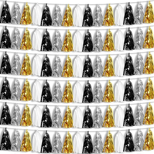 6P Black Gold Silver Foil Fringe Metallic Tassel Garland, Tassels Banner Streamers for Parade Floats, Bachelorette, Wedding, Birthday, Graduation, Christmas, Bridal/Baby Shower Party Decorations