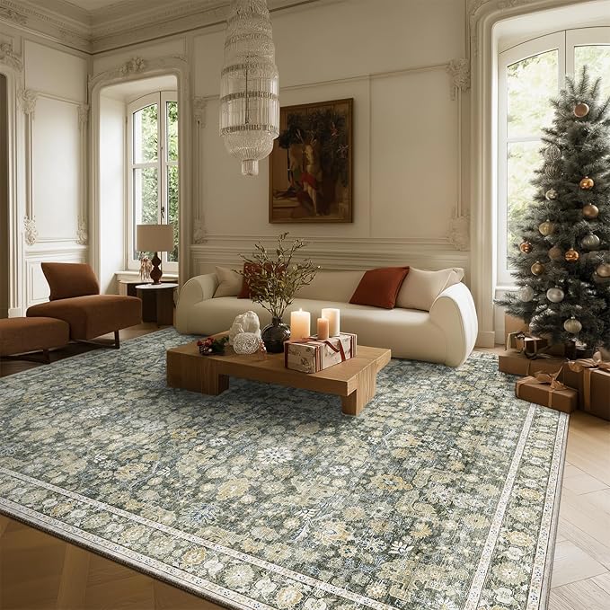 8x10 Washable Area Rugs Ultral Soft Non-Slip Stain Resistant Vintage Boho Large Carpet for High-Traffic Living Room & Dining Room