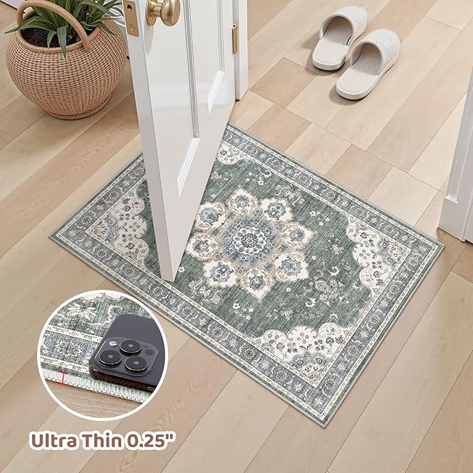 2x3 Washable Entryway Rug: Non-Slip Soft Small Indoor Area Rug for Bedroom Kitchen, Low Pile Stain-Resistant Durable Vintage Floral Carpet for Porch Laundry Kids Room Home Decor (Green)