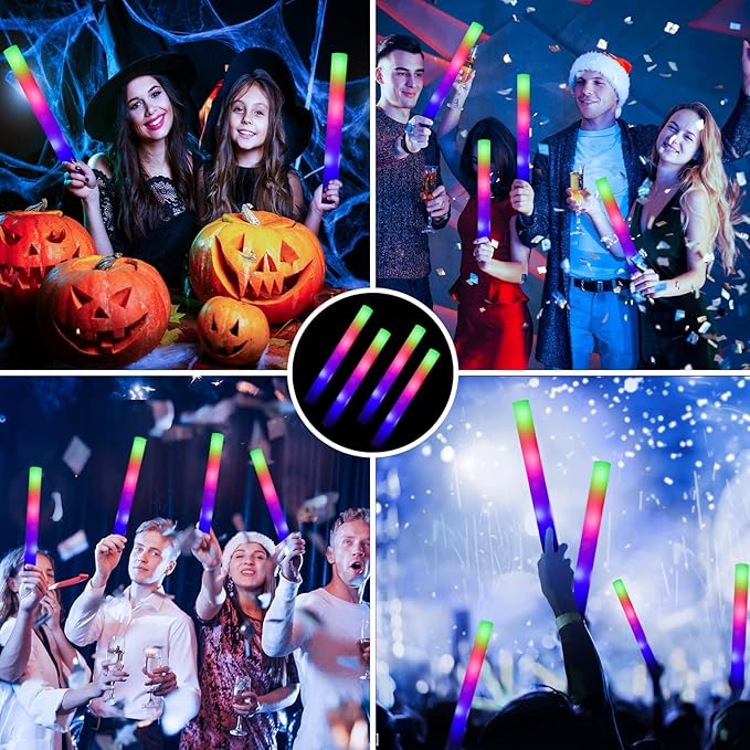 Glow Sticks Bulk, 52 Pcs LED Foam Sticks Light Up Batons Party Favors with 3 Modes Colorful Flashing, Glow in the Dark Party Supplies for Party Wedding Birthday Concert Halloween Christmas