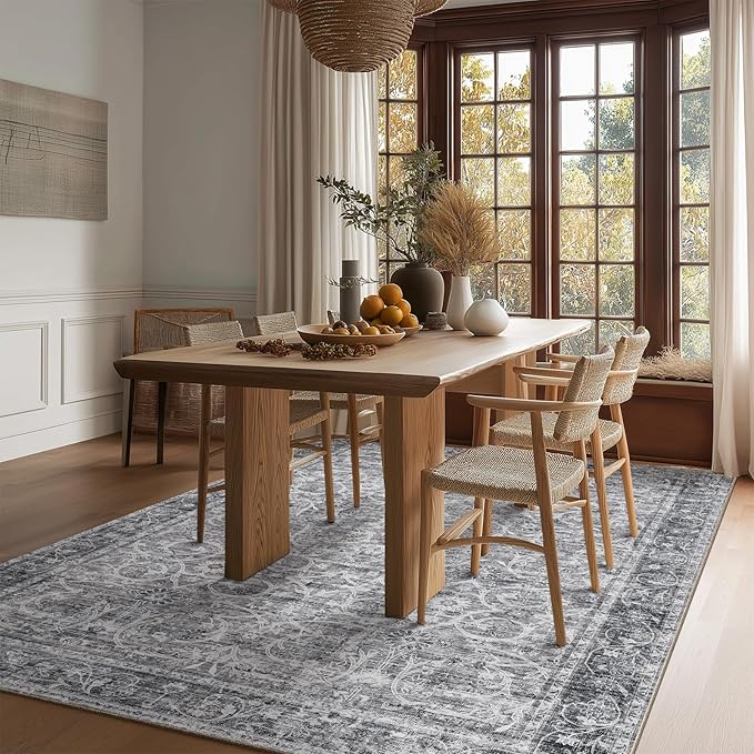 Washable Area Rugs 5'x7' Non-Slip Vintage Boho Distressed Fade Resistant Low Pile Carpet for High-Traffic Living Room, Bedroom & Dining Room