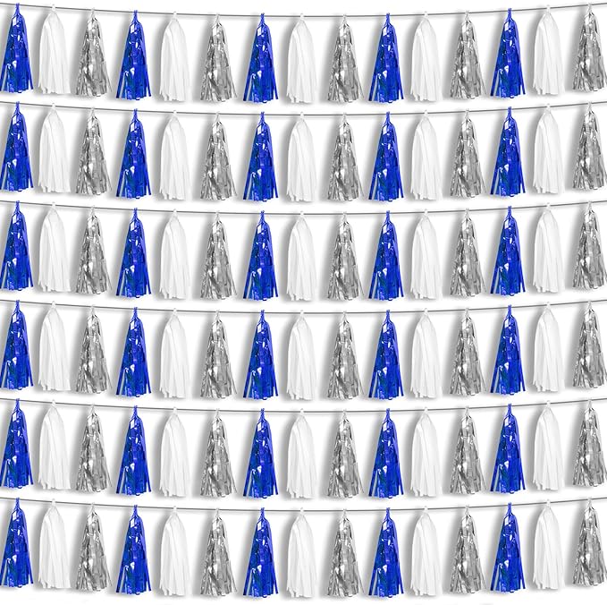 6P Navy-Blue White-Silver Tassel Garland Banner, Tassels Banner Streamers for Parade Floats, Bachelorette, Wedding, Birthday, Graduation, Christmas, Bridal/Baby Shower Party Decorations