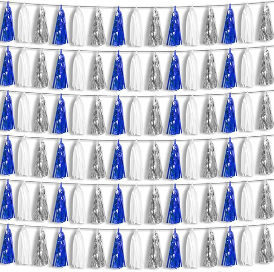 6P Navy-Blue White-Silver Tassel Garland Banner, Tassels Banner Streamers for Parade Floats, Bachelorette, Wedding, Birthday, Graduation, Christmas, Bridal/Baby Shower Party Decorations