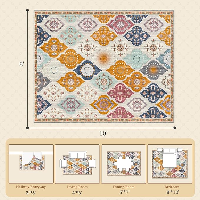 EnHomee 8x10 Area Rug, Soft Washable Rugs for Living Room Bedroom, Boho Non Slip Low Pile Stain Resistant Washable Rug Large Area Rugs for Dining Room,Easy to Clean Living Room Rug, Colorful