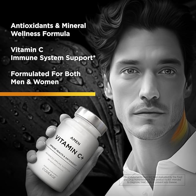 Amen Vitamin C+ Supplement with Zinc, Bioflavonoids, Quercetin, Rose HIPS, Elderberry – Vegan, Non-GMO – 2 Months Supply - 120 Capsules
