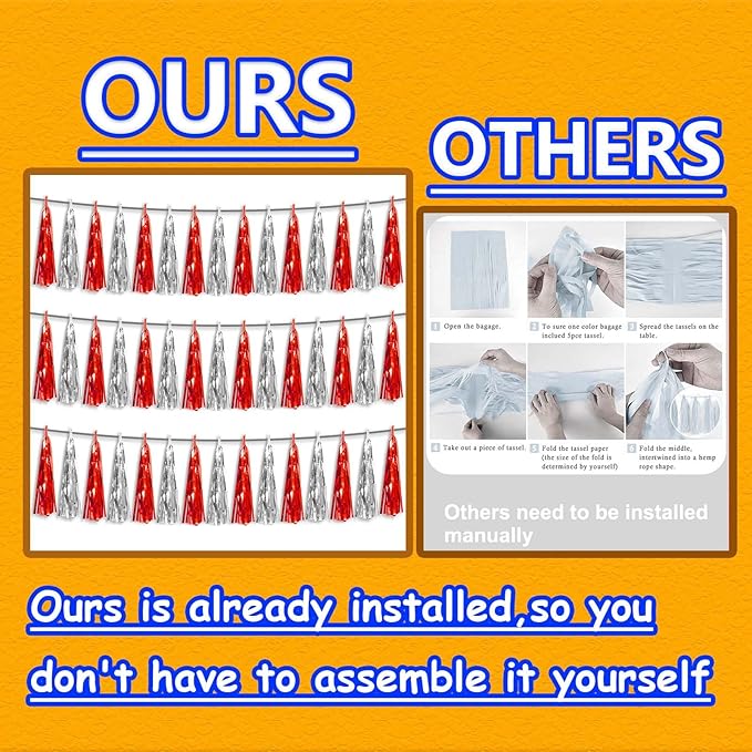 3P Metallic Fringe Tassel Banner Garland Foil Tinsel Streamer Wall Hanging Curtain Backdrop Banner for Parade Floats,Halloween Decorations, Christmas Day, Wedding Party Decoration(Red Silver)