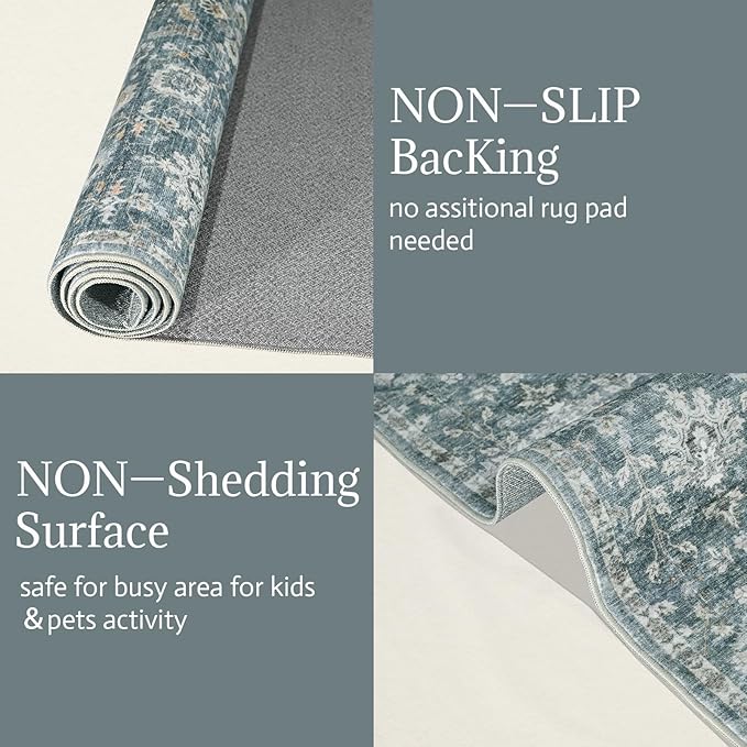 6x9 Washable Rug Vintage Fade Resistant Boho Distressed Non-Slip Indoor Large Carpet Low Pile Lightweight & High-Traffic Safe for Bedroom, Dorm, Playroom - Farmhouse Decor