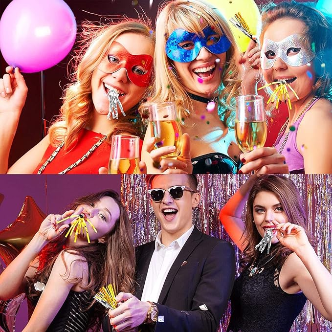 12 Pieces Gold Silver Noise Makers Glitter Noise Makers Metallic Fringed Party Blowers for Adults Birthday Graduation Sporting Events New Years Eve Party Supplies 2026