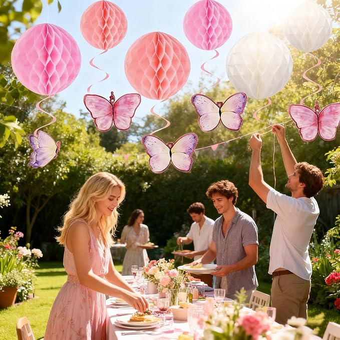 Pink Birthday Decorations Kit Happy Birthday Banner with Honeycomb Ball Butterfly Hanging Swirl Streamer Flower Garland Pink Bow Garland Banner Decoration for Women Men Boys Girls