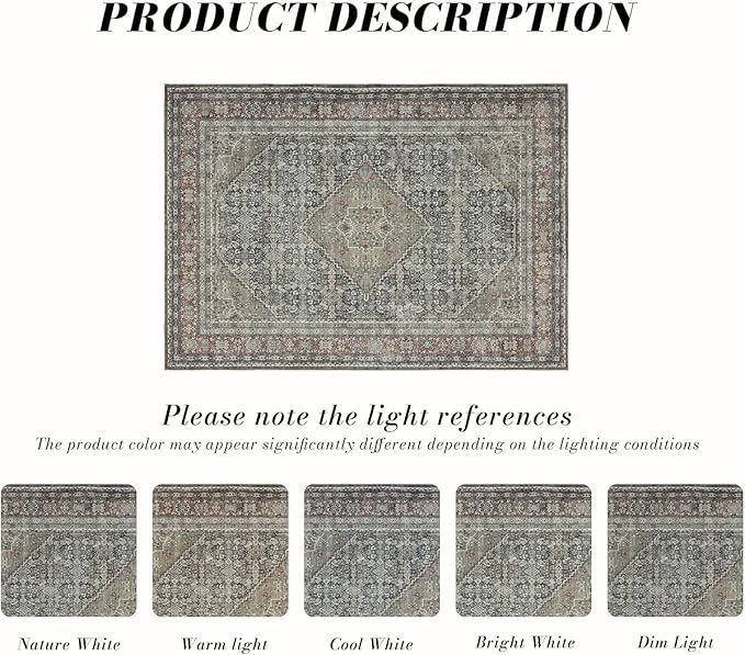 Area Rug 8×10, Large Vintage Boho Rug,Ultra-Soft Low Pile, Washable, Non Slip,Stain Resistant, Printed Carpet for Living Room Bedrooms Playroom Office Kitchen, Rust/Green