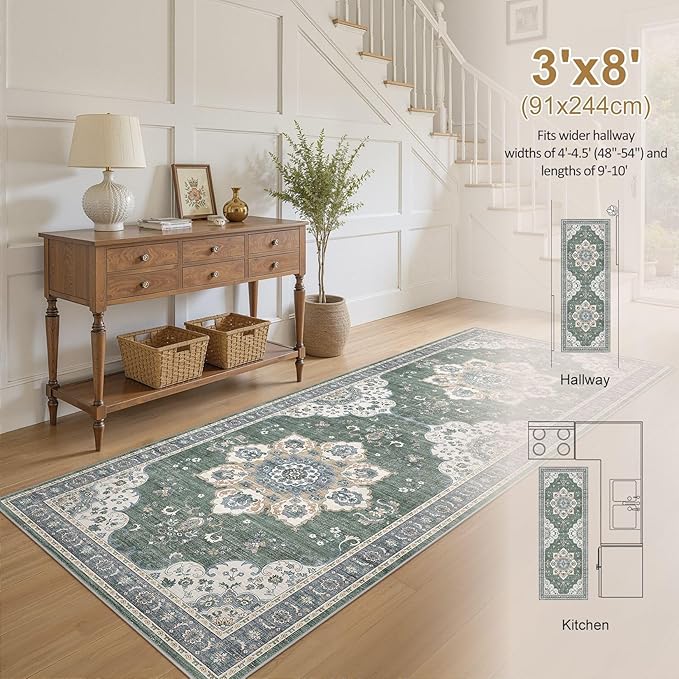 Area Rug for Entryway - 3x8 Soft Washable Oriental Vintage Floral Distressed Large Carpet - Fade Stain Resistant Non Slip Rugs for Bedroom Dining Room Nursery Dorm Office Home Decor - Green