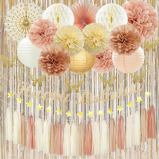 Party Decorations for Women Girls With Happy Birthday Banner Champagne Gold Fringe Curtain Hanging Swirls Butterfly Boho Paper Lanterns Pom Poms Fan Backdrop Decor (Champagne Gold Party Decorations)