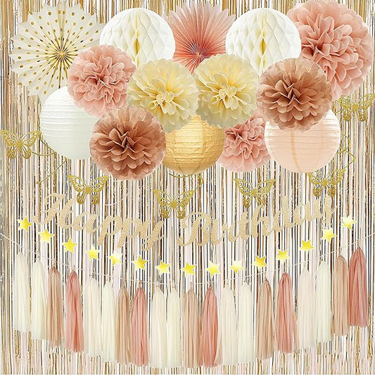 Party Decorations for Women Girls With Happy Birthday Banner Champagne Gold Fringe Curtain Hanging Swirls Butterfly Boho Paper Lanterns Pom Poms Fan Backdrop Decor (Champagne Gold Party Decorations)
