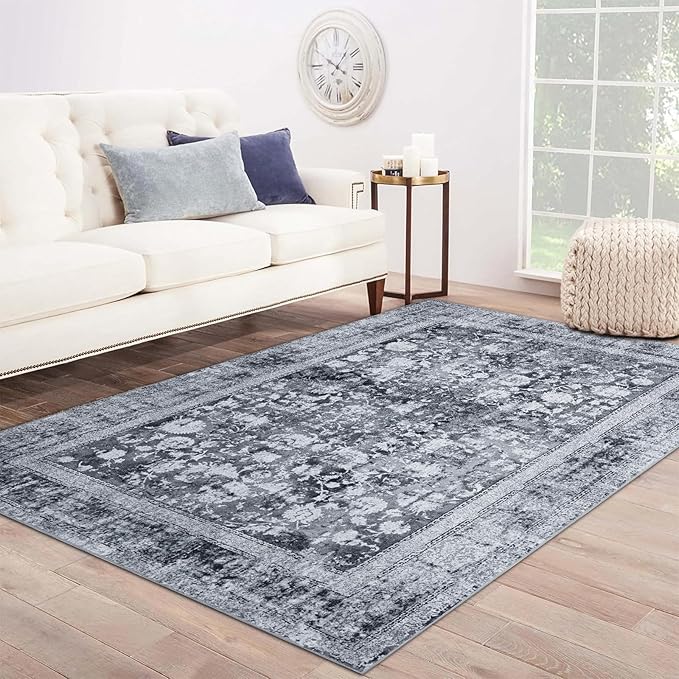 Area Rug 6×9, Large Vintage Boho Rug,Ultra-Soft Low Pile, Washable, Non Slip,Stain Resistant, Printed Carpet for Living Room Bedrooms Playroom Office Kitchen, Solid/Grey