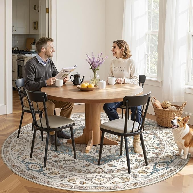 Area Rug for Living Room - 8x8 Soft Washable Oriental Vintage Floral Distressed Large Carpet - Fade Stain Resistant Non Slip Rugs for Bedroom Dining Room Nursery Dorm Office Home Decor - Blue/Beige