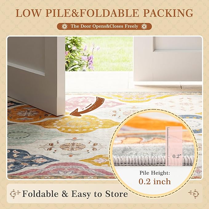 EnHomee Washable Area Rugs 4x6, Soft Area Rug for Living Room Bedroom, Boho Non Slip Low Pile Stain Resistant Washable Rug Large Carpet for Dining Room,Easy to Clean Living Room Rug, Colorful