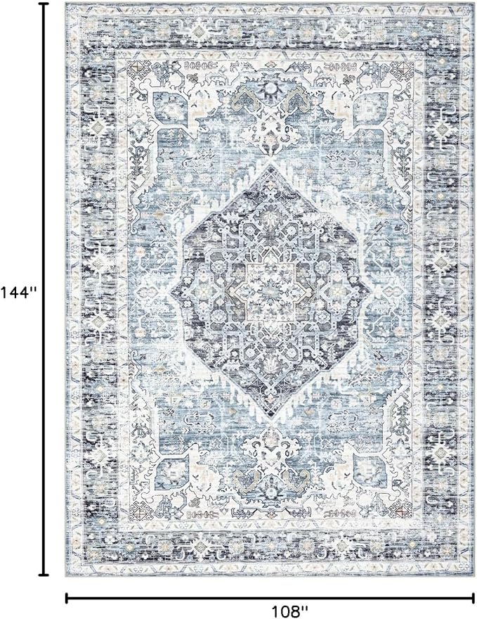 Area Rug 9×12, Large Vintage Boho Rug,Ultra-Soft Low Pile, Washable, Non Slip,Stain Resistant, Printed Carpet for Living Room Bedrooms Playroom Office Kitchen, Light Blue