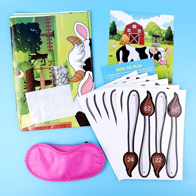 FEPITO Pin The Tail on The Cow Birthday Party Game with 24 Pcs Tails for Decorations, Kids Birthday Party Decorations