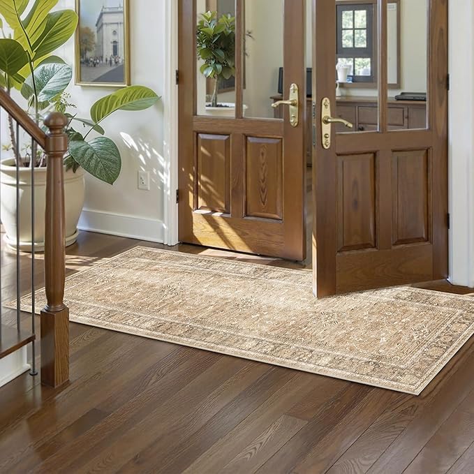 2x6 Runner Rug for Hallways Vintage Distressed Non Slip Long Carpet Floral Boho Distress Print Pattern Mat Lightweight Retro Accent Throw Carpet for Kitchen Bedroom Bedside Laundry Room-Khaki