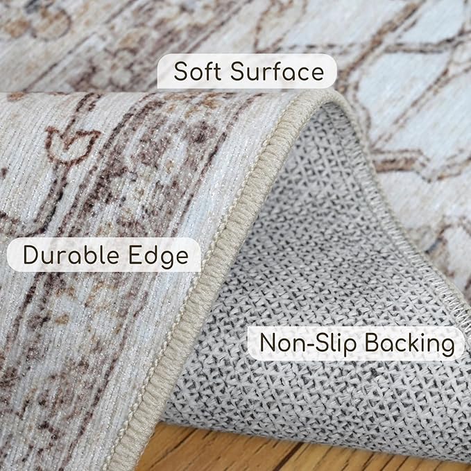 8'x10' Machine Washable Vintage Design Area Rug - Non Slip, Stain Resistant for Home, Office, Machine Washable Area Rugs 8x10,Area Rugs for Living Room (Beige Cream 8x10)…