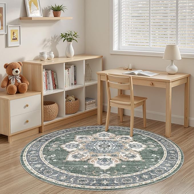 Area Rug for Living Room - 5x5 Soft Washable Oriental Vintage Floral Distressed Large Carpet - Fade Stain Resistant Non Slip Rugs for Bedroom Dining Room Nursery Dorm Office Home Decor - Green