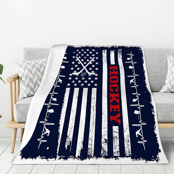 Hockey Blanket, Navy Blue American Flag Throw Blanket Hockey Gifts for Men Women Boys Girls Lover Adult Cozy Fleece Flannel Bedding Stuff Plush for Couch Sofa Bed Decor 80"X60"
