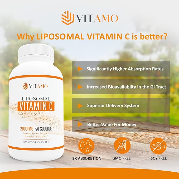 Liposomal Vitamin C 2000mg | Superior Delivery System | 300 Capsules Immune Support & Collagen Booster | High Absorption Ascorbic Acid, High Dose Vitamin c, Zero Soy, 100% Non–GMO