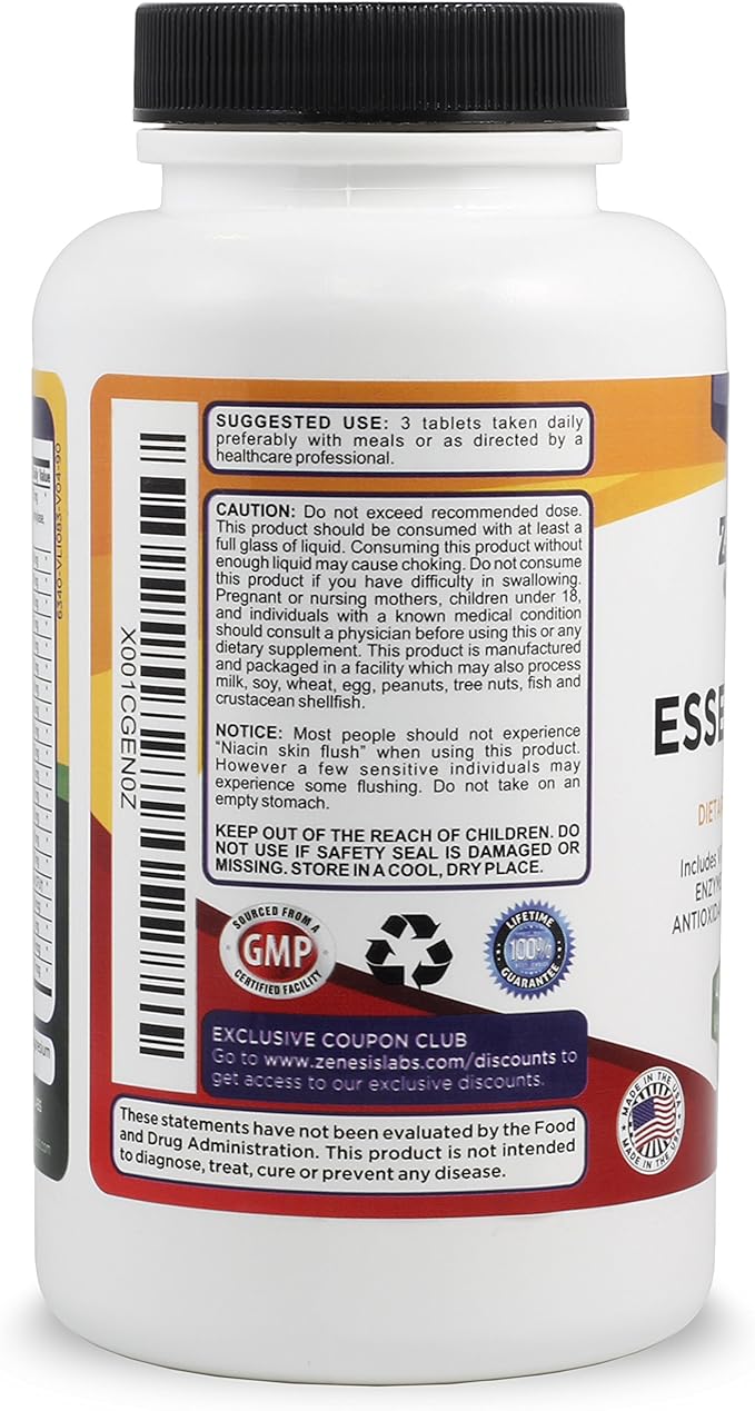 Zenesis Labs Essentials - a Natural & Nutrient Rich Multi-Vitamin - with Minerals, Enzymes, Amino Acids, Antioxidants and Probiotics - 90ct