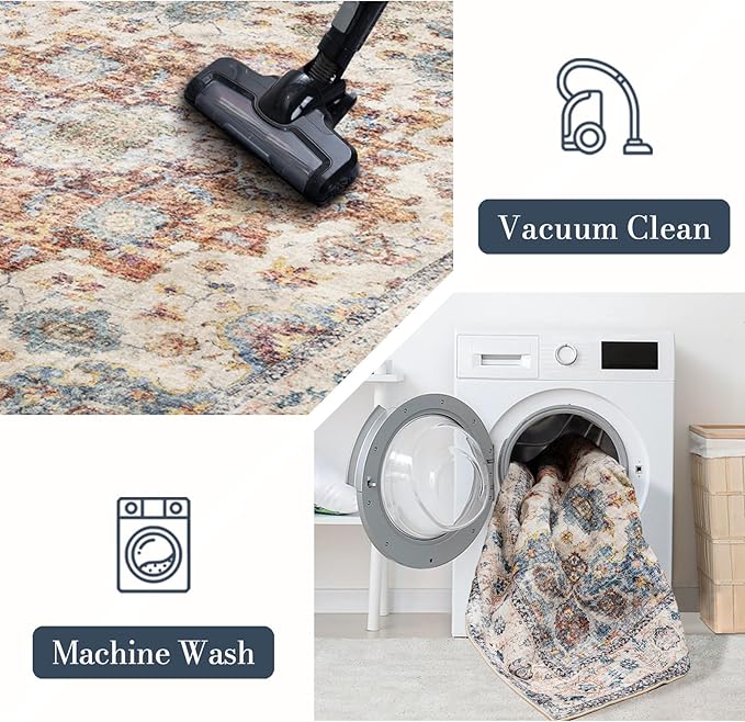 Area Rug 4×6, Vintage Boho Rug,Ultra-Soft Low Pile, Washable, Non Slip,Stain Resistant Printed Carpet for Living Room Bedrooms Playroom Office Kitchen, Blue/Red