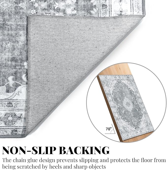 MUJOO Grey Runner Rug 2'x6', Long Washable Rug Runners for Hallways Entryway Kitchen Bathroom Bedside,Boho Vintage Bohemian Distressed Farmhouse Non Slip Carpet,Floral