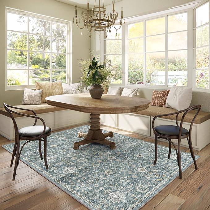 Washable Area Rugs 5'x7' Non-Slip Vintage Boho Distressed Fade Resistant Low Pile Carpet for High-Traffic Living Room, Bedroom & Dining Room